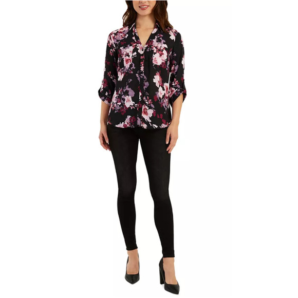 NEW BCX Black Floral Blouse Large Collared Satin Top Dark Flower Office Work - Picture 3 of 14